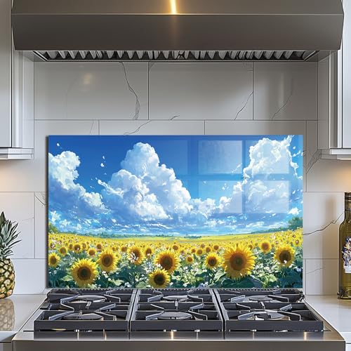 Evgosm Tempered Glass Backsplash for Kitchen, sunflower Stove Splashback, Glass Backsplash, Used for Kitchen Wall Protection and Decoration, Easy to Install and Clean. (30x18'') - size: 30"L x 18"W