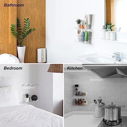 OAPRIRE Acrylic Floating Wall Shelves Clear, No Drill, 9 Inch 2 Pack | Strong Tape Adhesive Wall Shelf, Easy Installation, Hole Design with Cable Clips, Small Spaces Bedroom Bathroom Living Room - color: Fully Clear
