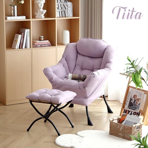 Lazy Chair with Ottoman, Comfy Reading Accent Chair, Purple | Foldable Footrest, Padded Seat and Backrest, Side Pocket for Lounging in Living Rooms, Bedrooms, Dorms and Small Spaces - color: Peach Skin Purple
