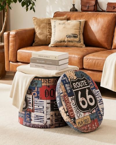 B FSOBEIIALEO Folding Storage Ottoman Round, Faux Leather Foot Rest Seat, Storage Organizer Chest 15" (Route 66 Barrel) - size: 15"D x 15"W x 13.2"H