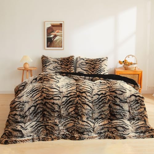 XeGe Tiger Print Fluffy Faux Fur Duvet Cover Set, Twin Size, Tiger Brown | 2 Pieces Soft Plush Shaggy Fuzzy Bedding Set(1 Farmhouse Animal Print Comforter Cover + 1 Furry Pillowcase), Zipper Closure - color: Tiger Print Brown, size: Twin