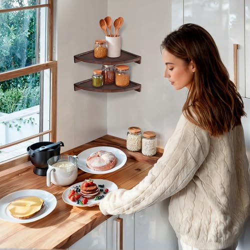 Demigo Round Floating Corner Shelves, Dark Brown Wall Shelf, Set of 2 | Acacia Wood Wall-Mounted Storage Shelves for Home Decor, Living Room, Kitchen, Office & Bedroom, Space-Saving Wood Display - color: Walnut Color