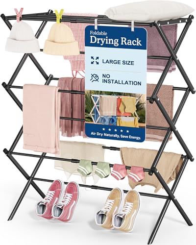 Oversize 3-Tier Clothes Drying Rack, No Install, Black | Expandable Design, Non-slip feet, Tool-free Setup, Rust Prevention, Sturdy Construction, 14.9" D x 29.3" W, Holds 24lbs - color: Black