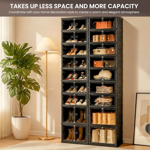 Foldable Shoe Organizer Storage Box, Portable Extra Large Folding Shoe Rack for Closet, Shoe Storage Box with Magnetic Transparent Door and Wheels, 9 Layers 18 Grids with 4 Big Grids - size: Black 9 Layers-C