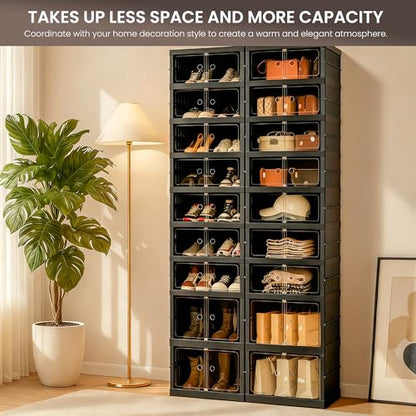 Foldable Shoe Organizer Storage Box, Portable Extra Large Folding Shoe Rack for Closet, Shoe Storage Box with Magnetic Transparent Door and Wheels, 9 Layers 18 Grids with 4 Big Grids - size: Black 9 Layers-C