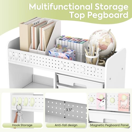 Rolling Craft Cart with 6 Drawers, Pegboard and Locking Wheels White | Ample multi-zone storage, 2 open shelves, art cart for classrooms, homeschool and offices, sturdy wood-metal frame - color: White