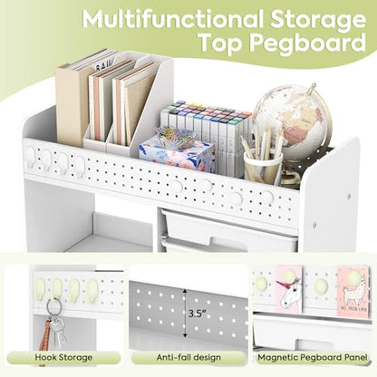 Rolling Craft Cart with 6 Drawers, Pegboard and Locking Wheels White | Ample multi-zone storage, 2 open shelves, art cart for classrooms, homeschool and offices, sturdy wood-metal frame - color: White