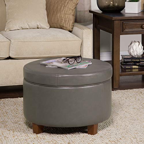 HomePop Round Leatherette Storage Ottoman with Lid, Charcoal Grey Large - color: Gray Faux Leather