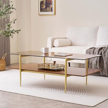 LumFurn X-Large L47in Rectangle Glass Coffee Table, Mid-Century Modern Design for Living Room, L47xW24xH17inch, Amber Glass and Walnut MDF Wood Shelf, Conical Legs with Gold Finish - color: L47" Amber & Walnut