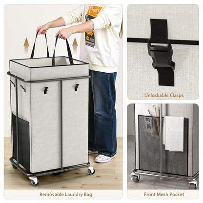 150L Large Laundry Basket with Wheels, Rolling Laundry Hamper | Removable Laundry Bag & Metal Frame, Oxford Fabric Dirty Clothes Hampers for Bedroom, Laundry Room, Bathroom, Dorm(White) - color: White