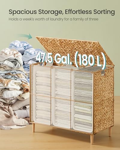 SONGMICS Laundry Hamper 3 Sections, 47.5 Gal. (180 L) Handwoven Water Hyacinth Wicker Laundry Basket with Lid, Natural Material, Removable Machine Washable Liners, Handles, Natural ULCB203Y01 - color: Natural, size: 180 L (Handwoven）
