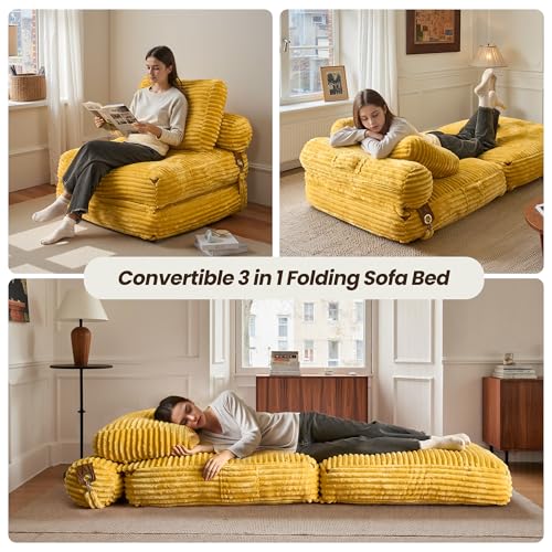 ovios Folding Sofa Bed, Foldable Sleeper Chair Floor Futon, Comfy Portable Convertible Fold Out Lounge Chairs for Living Room Bedroom, Yellow - color: Yellow