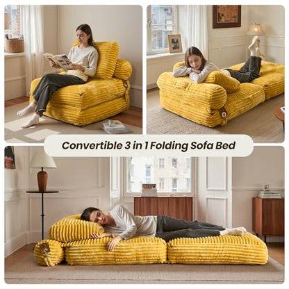 ovios Folding Sofa Bed, Foldable Sleeper Chair Floor Futon, Comfy Portable Convertible Fold Out Lounge Chairs for Living Room Bedroom, Yellow - color: Yellow