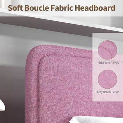 BarnFurin Full Bed Frame, Cloud Boucle Headboard, Low Profile, Rose Pink | Soft boucle and rounded edges create a low-profile cloud look. Wooden slats support the mattress without a box spring - color: Rose Pink, size: Full