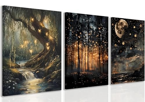 RYZopmuy Enchanted Forest Firefly Wall Art Set 3 Framed Moon Canvas Prints | Dark Academia Vintage Forest of Fairy Nature Wall Art for Bedroom Living Room Home Office 12x16 Inches - color: Black, size: 16L"x12W"