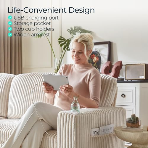 LINSY HOME Loveseat Sofa with Pull Out Couch Chaise: 2-in-1 Convertible 2 Seater Sofa with USB Charging & Cup Holders, Comfy Plush Corduroy Love Seat for Small Spaces Living Room Apartment, Beige