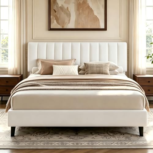 Garvee Queen Size Platform Bed Frame with Upholstered Headboard, White | Fully Velvet Upholstered Mattress Foundation with Height Adjustable Headboard, No Box Spring Needed, Easy Assembly - color: White, size: Queen