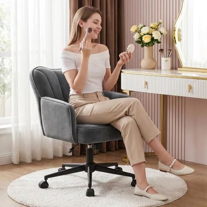 DurayLoly Desk Chair with Shell Back & 360° Swivel Wheels | Comfy Velet Vanity Chair,Adjustable Height,Stylish and Comfortable for Makeup, Work & Relaxation,Dark Grey - color: Dark Grey