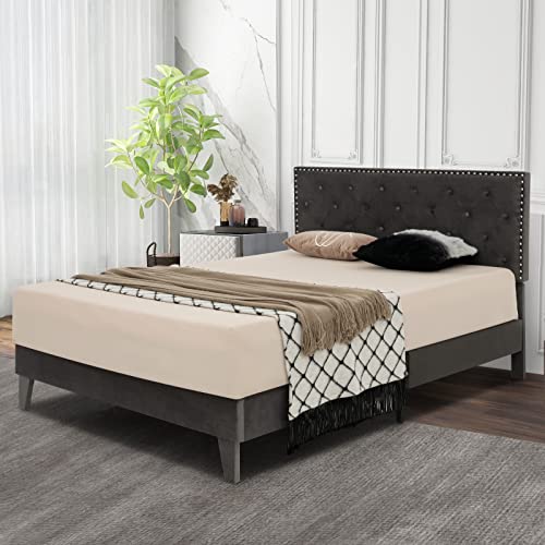 Upholstered Full Bed Frame, Low Velvet Mattress Foundation w/Wooden Slats, Button Tufted & Nailhead Trim Headboard, No Box Spring Needed, Easy Assembly, Double Platform Bed Frame Full Size - size: Full