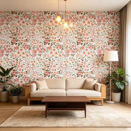 Pink Flowers Peel and Stick self Adhesive Wallpaper Floral - 96''x32'' - color: X13, size: 96"x32"