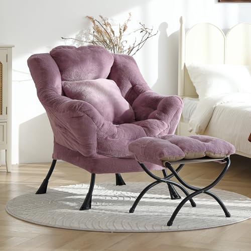 Lazy Chair with Ottoman, Plush Reading Chair with Pillow，Purple | Removable machine-washable cover; includes an extra throw pillow; cozy accent chair for living room, bedroom, dorm or office - color: Plush Purple-1