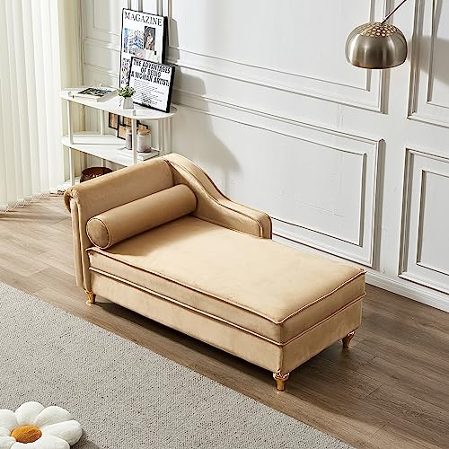 60.6" Modern Storage Chaise Lounge Indoor,Velvet Upholstery Sofa Chair with1 Toss Pillows,Upholstery Lounge Sofa with Gold Metal Legs for Small Apartment,Living Room,Office,Reception Area,Khaki - color: Khaki