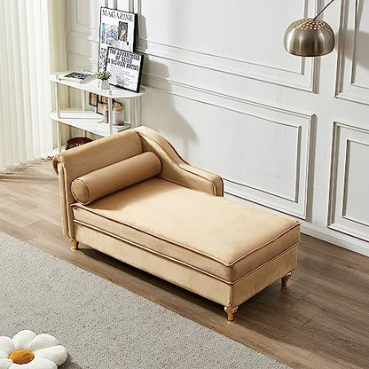 60.6" Modern Storage Chaise Lounge Indoor,Velvet Upholstery Sofa Chair with1 Toss Pillows,Upholstery Lounge Sofa with Gold Metal Legs for Small Apartment,Living Room,Office,Reception Area,Khaki - color: Khaki
