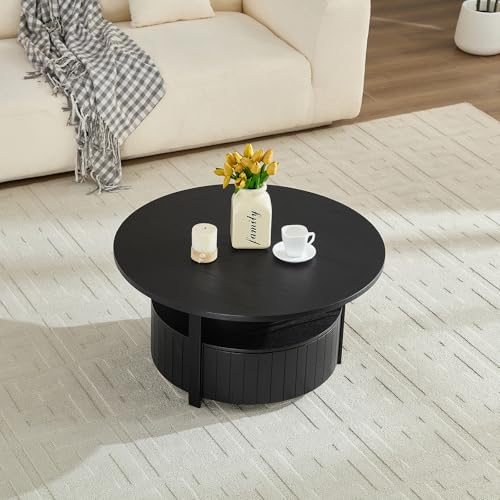 33 Inch Round Wood Coffee Table with Storage, Fluted Coffee Tables with 2 Tiers, Mid-Century Modern Center Table with a Single Drawer for Living Room - color: 33.07" 2 Tier-black