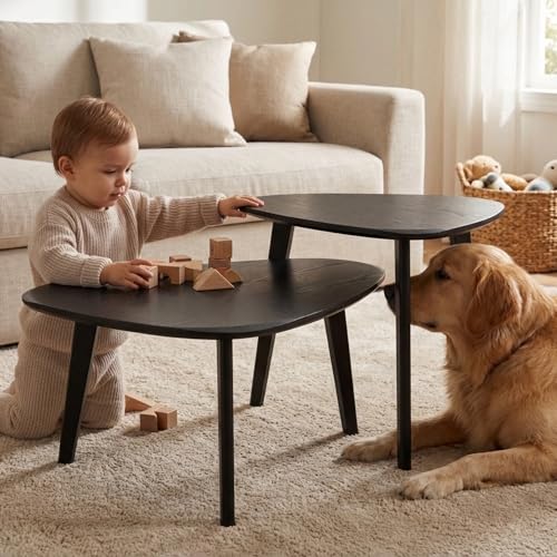 Nesting Coffee Table Set of 2-Mid Century Modern Coffee Table | Guitar Pick Stacking Tables with Solid Wood Legs,Small Coffee Tables for Small spaces,Living Room,Balcony - color: Black