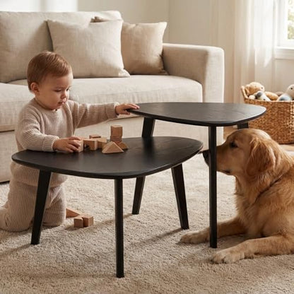 Nesting Coffee Table Set of 2-Mid Century Modern Coffee Table | Guitar Pick Stacking Tables with Solid Wood Legs,Small Coffee Tables for Small spaces,Living Room,Balcony - color: Black