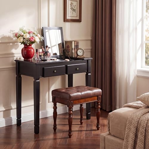 LEEMTORIG 31.5" Solid Wood Small Vanity Desk with Flip-top Mirror, Compact Wooden Writing Desk with Drawers, 3 in 1 Secretary Desk/Dressing Table/Nightstand for Small Space, Black SZT-D0036-BK - color: Black