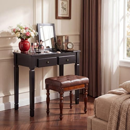 LEEMTORIG 31.5" Solid Wood Small Vanity Desk with Flip-top Mirror, Compact Wooden Writing Desk with Drawers, 3 in 1 Secretary Desk/Dressing Table/Nightstand for Small Space, Black SZT-D0036-BK - color: Black