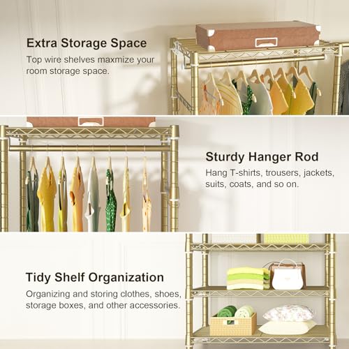 E1 Heavy Duty Closet Garment Rack, 6 Tiers Adjustable Clothing Storage | Metal Gold Freestanding Expandable Closets with 4 Hanger Rods, Easy-to-Assemble Wardrobe - color: Gold