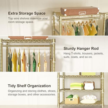E1 Heavy Duty Closet Garment Rack, 6 Tiers Adjustable Clothing Storage | Metal Gold Freestanding Expandable Closets with 4 Hanger Rods, Easy-to-Assemble Wardrobe - color: Gold