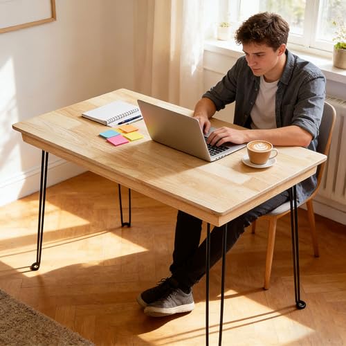 Solid Oak Folding Desk 43 Inch No Assembly Portable Table | Foldable steel legs ，Natural Wood Grain Finish，Lightweight for Easy Moving， for Home Office Writing Reading