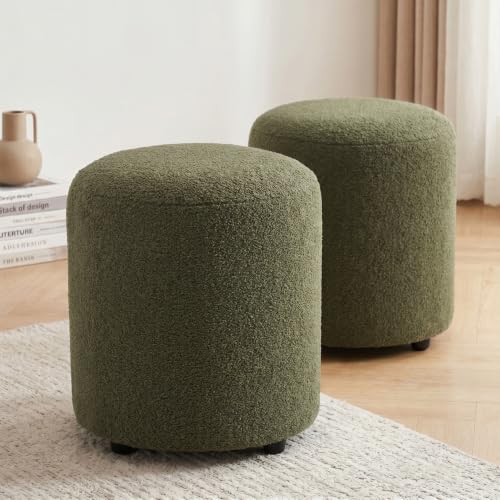 Modern Round Vanity Stool, Small Ottoman, Cute Fabric Foot Stool, Teddy Fleece Footrest, Upholstered Vanity Chair, Stool for Makeup, Bedroom, Living Room (2, Round-Dark Green) - color: Round-dark Green