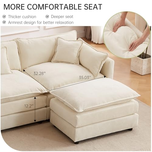 Modular Sectional Sofa, 147.2 Inch L Shaped Couch Set with Armrests, 4-Seater Comfy Cloud Couches with Movable Ottoman for Living Room Apartment, Beige - color: Beige, size: 147.2'' - L Shape