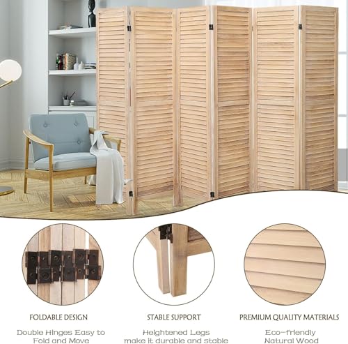 6 Panel Room Dividers and Folding Privacy Screens, Divider for Room Separation, Wood Louvered Divider Wall, Wooden Partition for Home Office Bedroom (Natural)