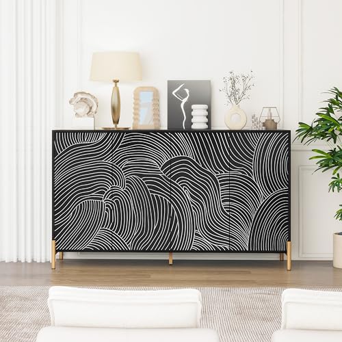 59" Buffet Cabinet, Wood Accent Cabinets with 4 Doors, Modern Cabinet with Adjustable Shelf, Credenzas for Living Room, Kitchen (Black) - color: Black-4