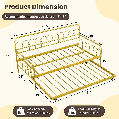 Giantex Twin Daybed with Trundle Gold, Metal Day Bed with Convenient Pull-Out Trundle Bed, Metal Slats, Lockable Universal Wheels, 2-in-1 Daybed Bed Frame for Guest Room, Living Room, Bedroom