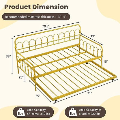 Giantex Twin Daybed with Trundle Gold, Metal Day Bed with Convenient Pull-Out Trundle Bed, Metal Slats, Lockable Universal Wheels, 2-in-1 Daybed Bed Frame for Guest Room, Living Room, Bedroom