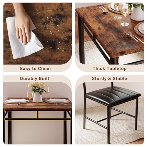 IRONCK Dining Table Set for 2, Rustic Brown | Small Kitchen Table with Upholstered Chairs, Compact Dining Set for Small Spaces, Kitchen & Dining Room - color: Rustic Brown