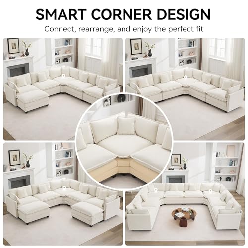 113'' V Shaped Cloud Sectional Sofa, Oversized Deep Seat Couches for Living Room, Chenille Comfy Upholstered Modular Sectional Sofa Couch, Beige - color: Beige, size: 113'' V Shape