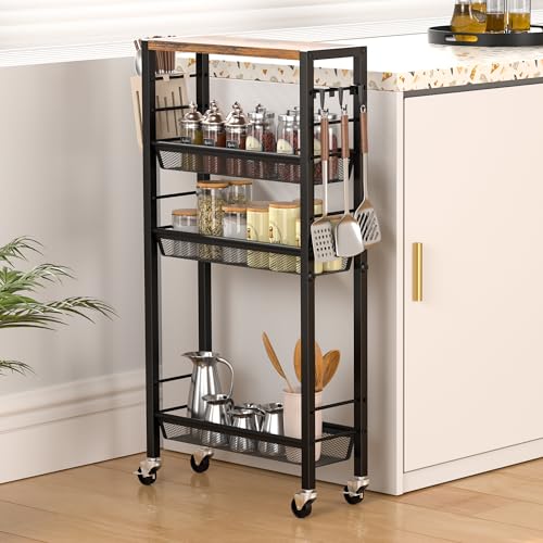 Slim Rolling Cart, 4-Tier Narrow Kitchen Storage Cart, Slim Utility Cart on Wheel, Skinny Bathroom storage cart with Wood Tabletop, 6.0" Deep, For Kitchen, Dining Room, Living Room, Laundry Room