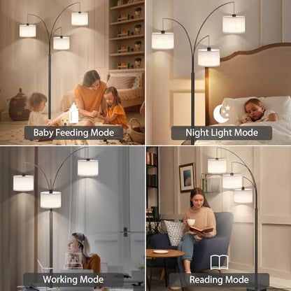 SUNMORY 3 Lights Floor Lamp with Remote Control and 3 Stepless Dimmable Bulbs, 78" Tall Standing Lamp with Hanging Drum Shade & Heavy Base, Modern Arc Floor Lamps for Living Room, Bedroom, Office | 3 Stepless Dimmable Bulbs, Hanging Drum Linen Shade & Hea