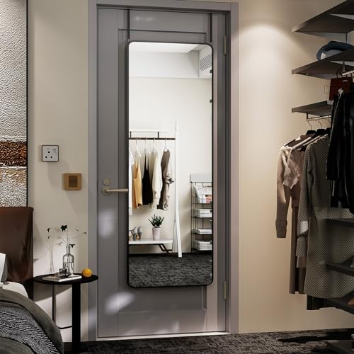 BEAUTYPEAK Over The Door Mirror Full Length 14 x 48, Full Body Mirror，Black | Shatterproof Tempered Glass and Aluminum Alloy Frame, No-Drilling Hanging or Wall Mount, For Bedroom, Dorm - color: Re-black, size: 48"L x 14"W