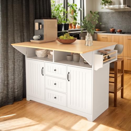 Kitchen Island with 2 Drop Leaf, Home Cart Island on Wheels Foldable Dining Table with Power Outlets,3 Drawers,Storage Cabinet, Tower Rack(White) - color: White