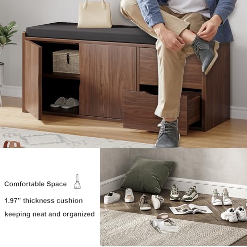 LVB 40” Entryway Bench with Padded Seat Cushion Shoe Bench with 2 Drawers | Wood Hidden Shoe Bench with 2 Drawers Cabinet, Industrial storage Bench for Foyer entrance Living Bedroom, Walnut Oak - color: Walnut Oak