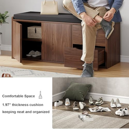LVB 40” Entryway Bench with Padded Seat Cushion Shoe Bench with 2 Drawers | Wood Hidden Shoe Bench with 2 Drawers Cabinet, Industrial storage Bench for Foyer entrance Living Bedroom, Walnut Oak - color: Walnut Oak
