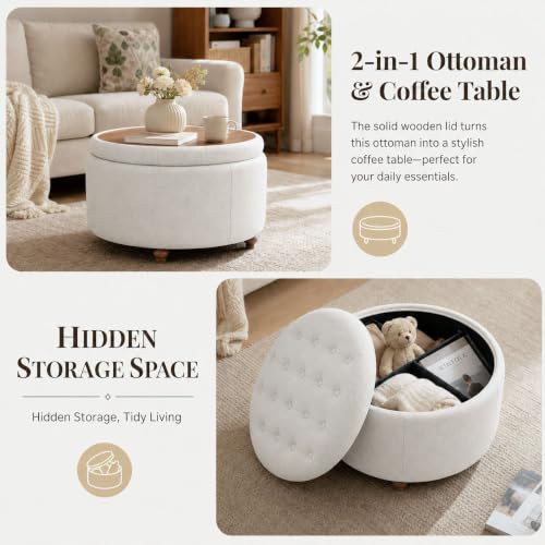 25" Round Ottoman with Storage, Small Coffee Table with Reversible Tray Lid | Tufted Fabric Round Storage Ottoman with Solid Wood Legs, 3-in-1 Footrest for Living Room, Bedroom, Entryway, Beige - color: Beige